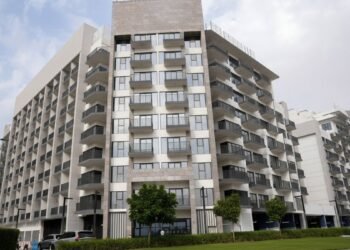 Aerial view of Beach Oasis I handover in Dubai Studio City