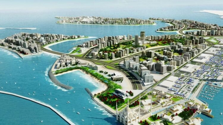 Aerial view of St. Regis Residences Dubai Islands launch site on Nakheel's beachfront masterplan.