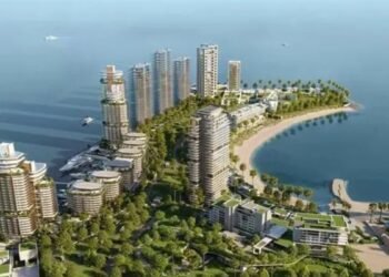 Aerial view of Dubai Peninsula showcasing ultra-luxury waterfront living development along Jumeirah coastline in Dubai.