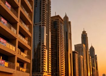Vacant Dubai investment apartments with for rent signs on high‑rise towers