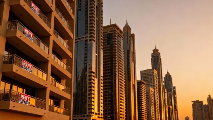 Vacant Dubai investment apartments with for rent signs on high‑rise towers