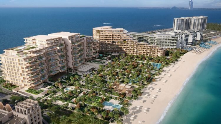 Construction advances at The Alba Palm Jumeirah project on Palm Jumeirah, Dubai waterfront.