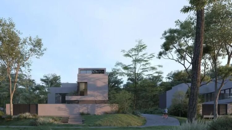 Construction advances on Sharjah Masaar 2 completion with green spine and lagoon in Rowdat district.