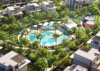 Aerial view of Nad Al Sheba Gardens villas in Dubai master community