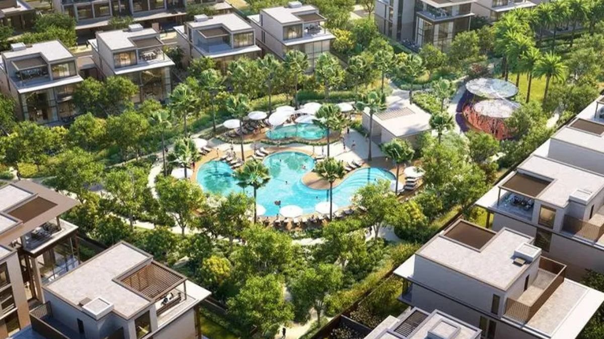 Aerial view of Nad Al Sheba Gardens villas in Dubai master community