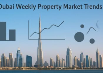 Dubai skyline real photo with Burj Khalifa and abstract charts illustrating Dubai weekly property market trends.