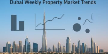 Dubai skyline real photo with Burj Khalifa and abstract charts illustrating Dubai weekly property market trends.