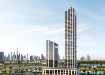 Aerial view of Al Vista Meydan Horizon towers under construction in Dubai's emerging district.