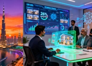 Agents analyzing AI Dubai real estate agency productivity report data against Dubai skyline in modern brokerage office.