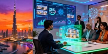 Agents analyzing AI Dubai real estate agency productivity report data against Dubai skyline in modern brokerage office.