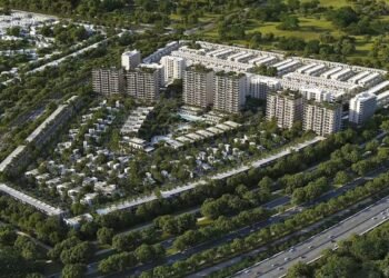 Aerial view of Keturah Reserve off-plan sales progress in Meydan Dubai with lush bio-living landscapes.