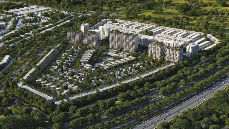 Aerial view of Keturah Reserve off-plan sales progress in Meydan Dubai with lush bio-living landscapes.
