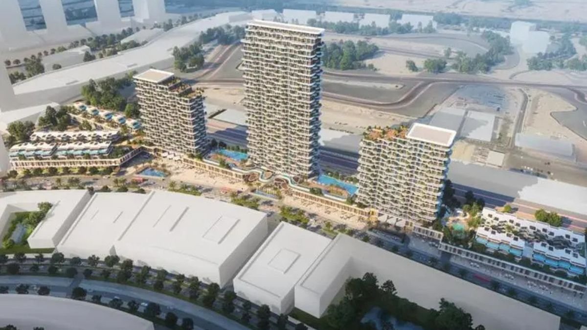Union Properties Mirdad off-plan apartments in Dubai Motor City, four towers with pool and green spaces