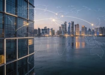 Dubai skyline and office towers with abstract global network illustrating global real estate debt partnership