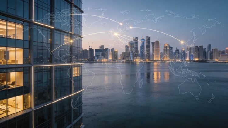Dubai skyline and office towers with abstract global network illustrating global real estate debt partnership