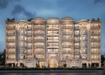 Crown Palace Dubai South mid-luxury apartments near Al Maktoum International Airport at sunset