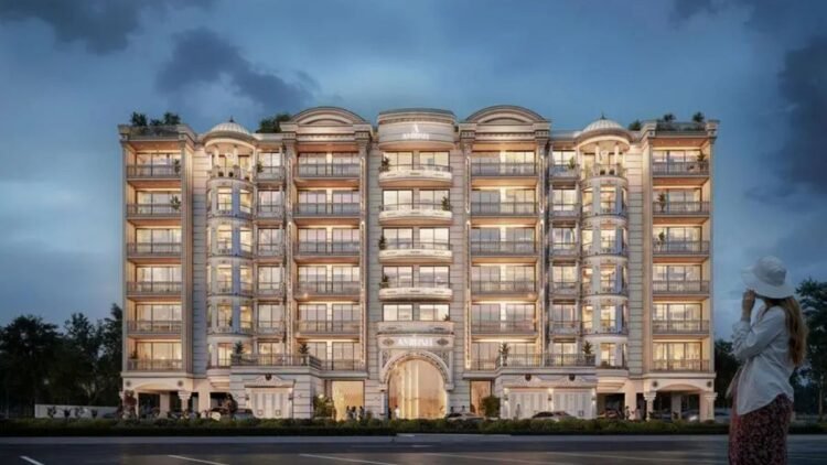 Crown Palace Dubai South mid-luxury apartments near Al Maktoum International Airport at sunset