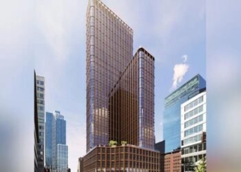 Aerial view of Jersey City waterfront tower Harborside 4 under development by Modon Holding.