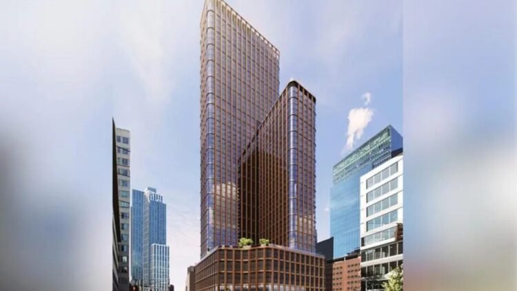 Aerial view of Jersey City waterfront tower Harborside 4 under development by Modon Holding.