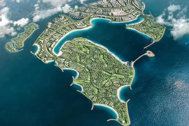 Aerial view of Casagrand Hermina Dubai Islands luxury residences on waterfront.