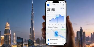AI-powered property valuation dashboard on smartphone with Dubai skyline in background