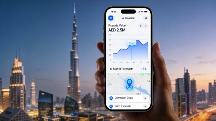 AI-powered property valuation dashboard on smartphone with Dubai skyline in background