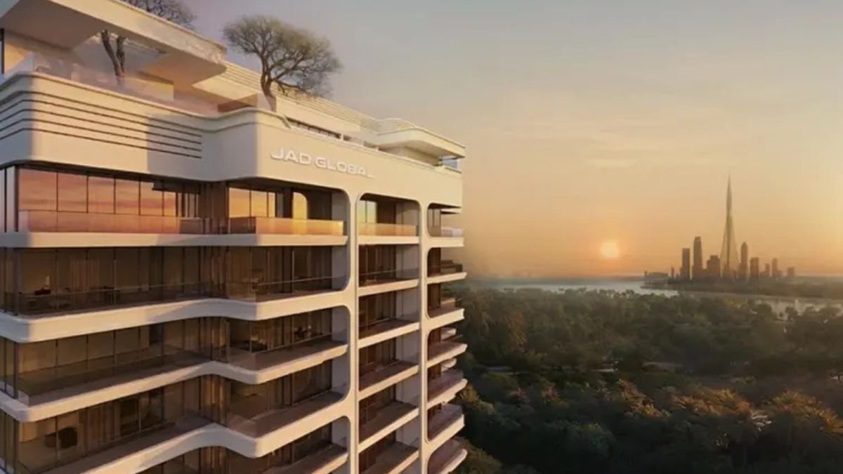 Modern mid-rise residential building in Al Jaddaf, Dubai, illustrating a wellness-led off-plan housing development with city skyline views.