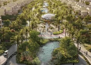 Aerial view of Sharjah sustainable residential community development in Al Rahmaniya with townhouses and green corridors.