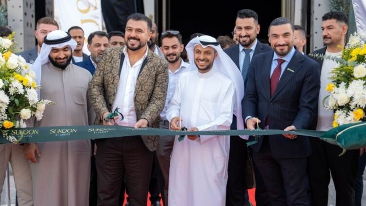 Amro Saleh, CEO of Sanzen, Abdulaziz Al Sanad, Chairman, and Rohallah Rezai, Partner, during the opening of the Sukoon sales centre in Sharjah.