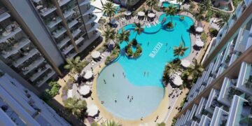 Azizi Jaddaf Beach Oasis exterior rendering in Al Jaddaf, Dubai featuring beach-style pool and mid-rise residential architecture