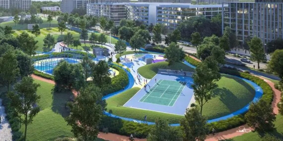 Construction activity at Aljada master-planned community in Sharjah delivering new residential apartment blocks