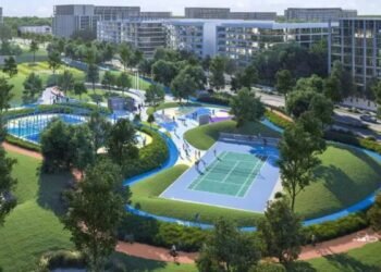 Construction activity at Aljada master-planned community in Sharjah delivering new residential apartment blocks