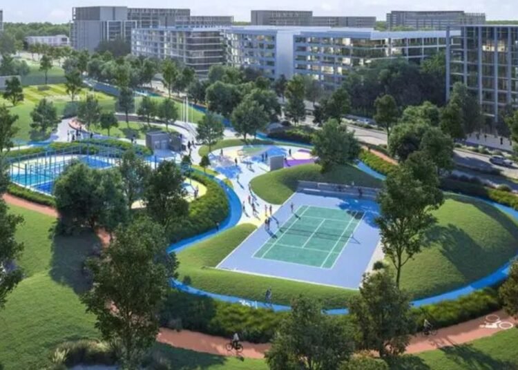 Construction activity at Aljada master-planned community in Sharjah delivering new residential apartment blocks