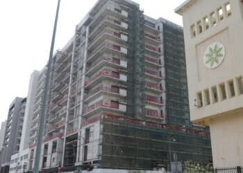 Azizi Zain residential development construction site in Al Furjan Dubai showing structural completion progress