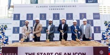 Neoterra ELMORA Dubai launch construction site near DIFC corridor in central Dubai