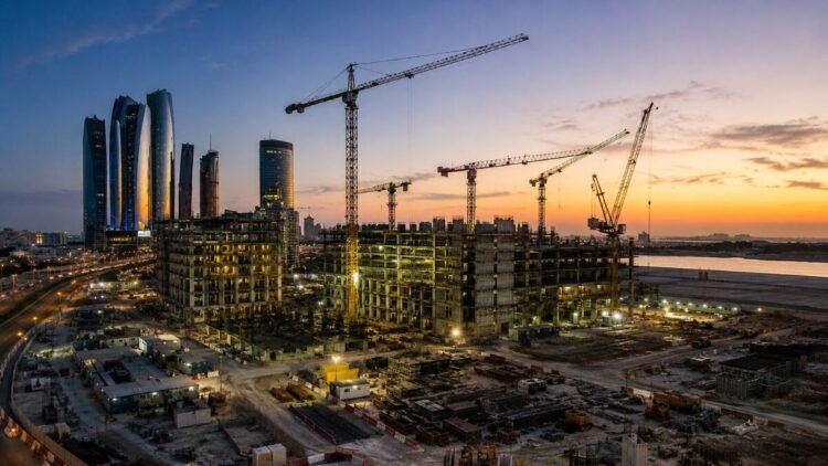 Construction cranes over an emerging UAE real estate development at dusk, reflecting the developer shift toward recurring income assets in 2026