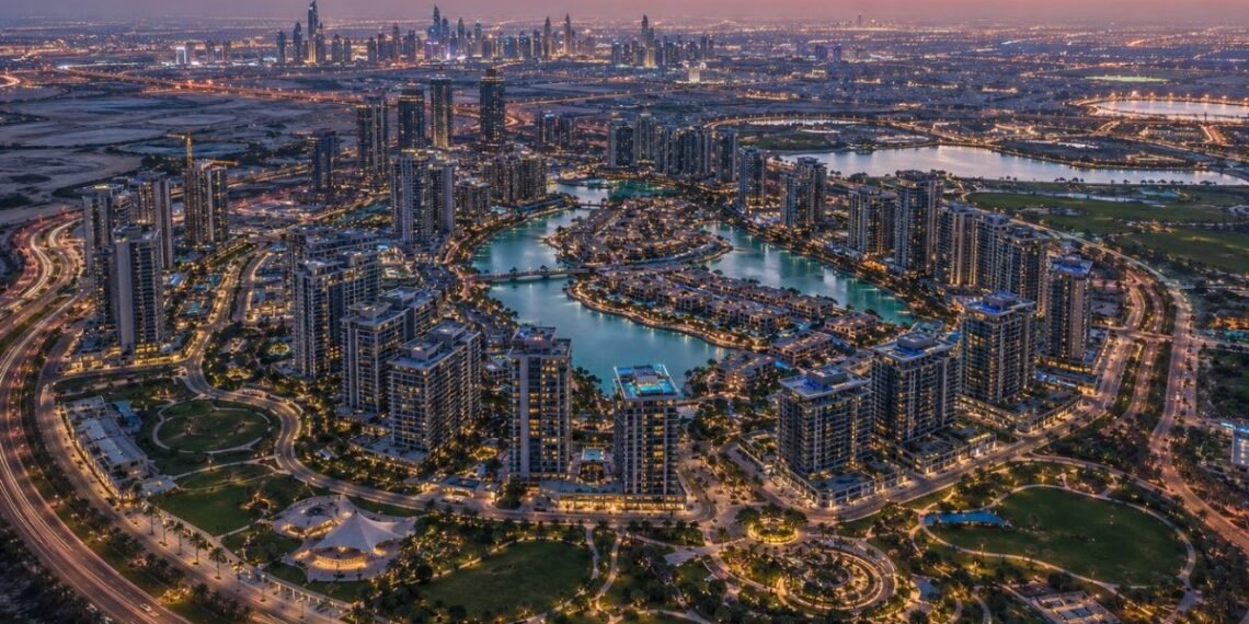 Aerial view of a Dubai master-planned mega project district with residential towers, lagoons and green public spaces at dusk
