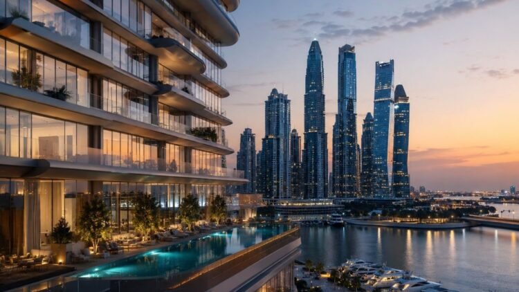 Waterfront tower in Dubai illustrating the Dubai branded residences premium, with hotel-branded apartments overlooking the marina at dusk