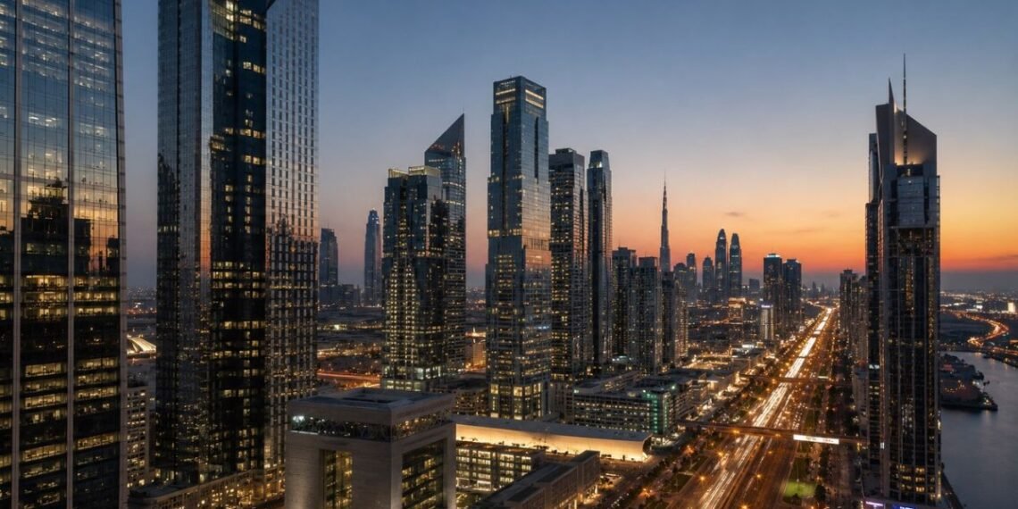 Grade A office towers along Sheikh Zayed Road illustrating the Dubai office space shortage in Business Bay and DIFC at dusk