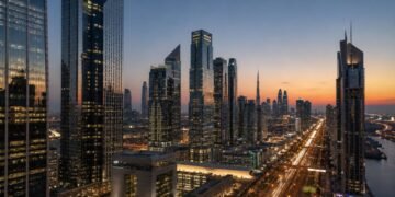 Grade A office towers along Sheikh Zayed Road illustrating the Dubai office space shortage in Business Bay and DIFC at dusk