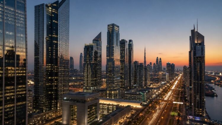 Grade A office towers along Sheikh Zayed Road illustrating the Dubai office space shortage in Business Bay and DIFC at dusk