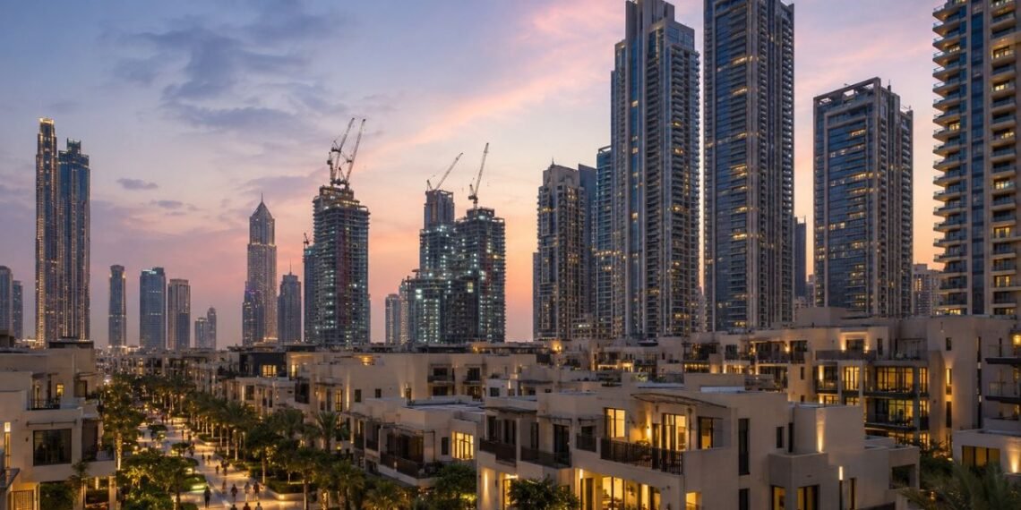 Dubai residential towers and villa community at dusk, showing the Dubai off-plan property prices correction in 2026