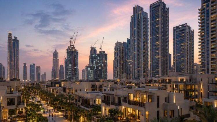 Dubai residential towers and villa community at dusk, showing the Dubai off-plan property prices correction in 2026