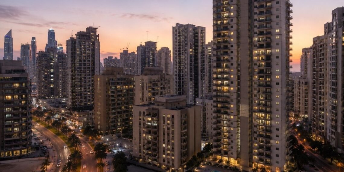 Apartment towers around Dubai Marina at dusk illustrating the Dubai Flexi Rent scheme that lets tenants pay rent in monthly installments