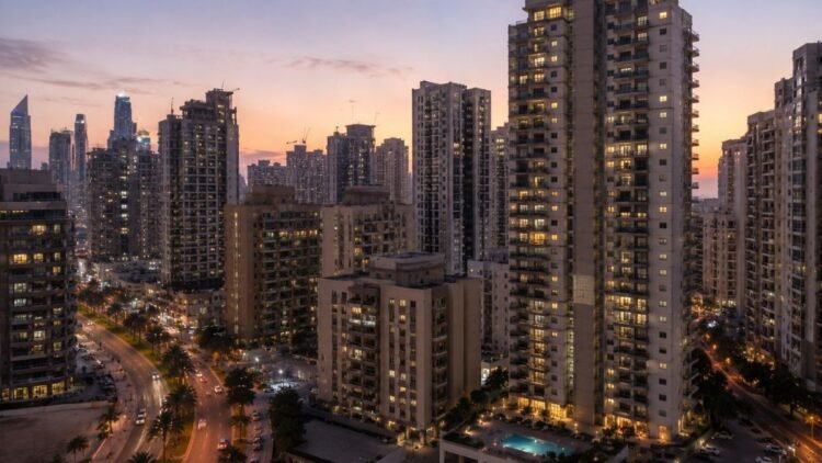 Apartment towers around Dubai Marina at dusk illustrating the Dubai Flexi Rent scheme that lets tenants pay rent in monthly installments