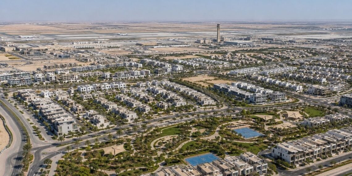 Aerial view of Dubai South master development showing residential communities and Al Maktoum International Airport in the background, representing Dubai South property investment 2026.