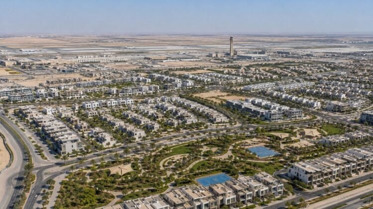 Aerial view of Dubai South master development showing residential communities and Al Maktoum International Airport in the background, representing Dubai South property investment 2026.