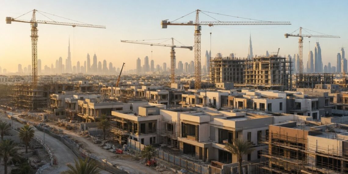 Dubai residential towers under construction at sunrise, representing new off-plan mortgage financing partnerships between developers and banks