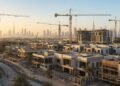 Dubai residential towers under construction at sunrise, representing new off-plan mortgage financing partnerships between developers and banks