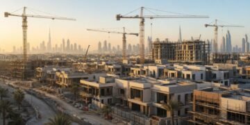 Dubai residential towers under construction at sunrise, representing new off-plan mortgage financing partnerships between developers and banks